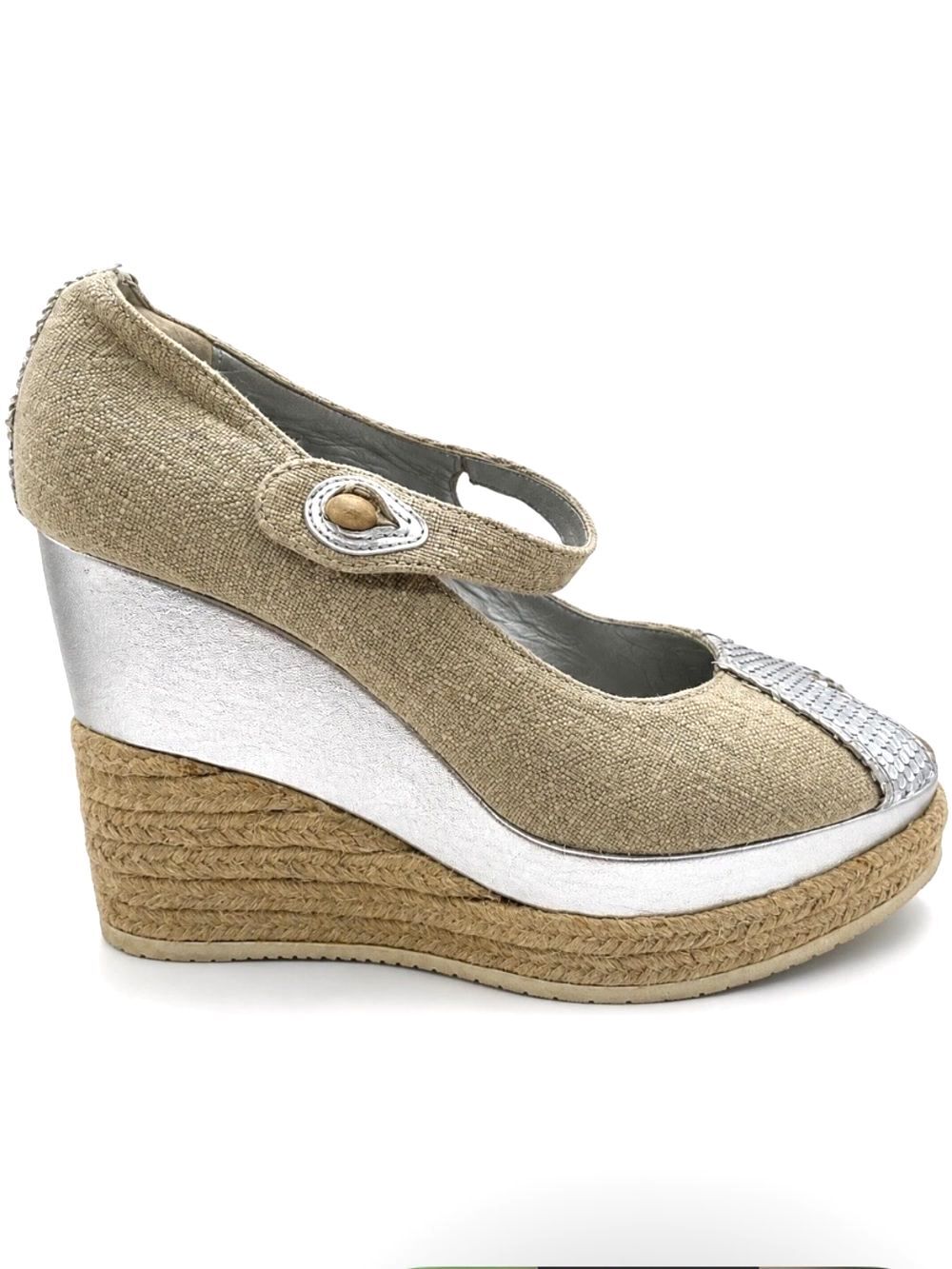 Hogan Mary Jane Espadrille Wedge Heels Peep Toe Beige Silver EU 38 US 7.5